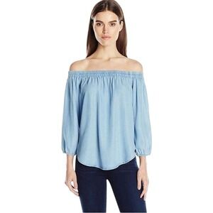 JOE FRESH Lyocell Off the Shoulder Top Denim Blue 3/4 Size Small